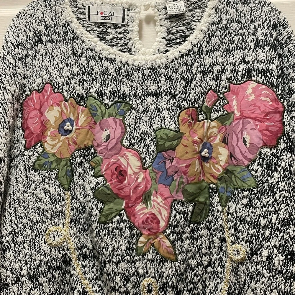 Focal Point vintage sweater 2X dolman sleeve tapestry floral pattern on blk/wht
